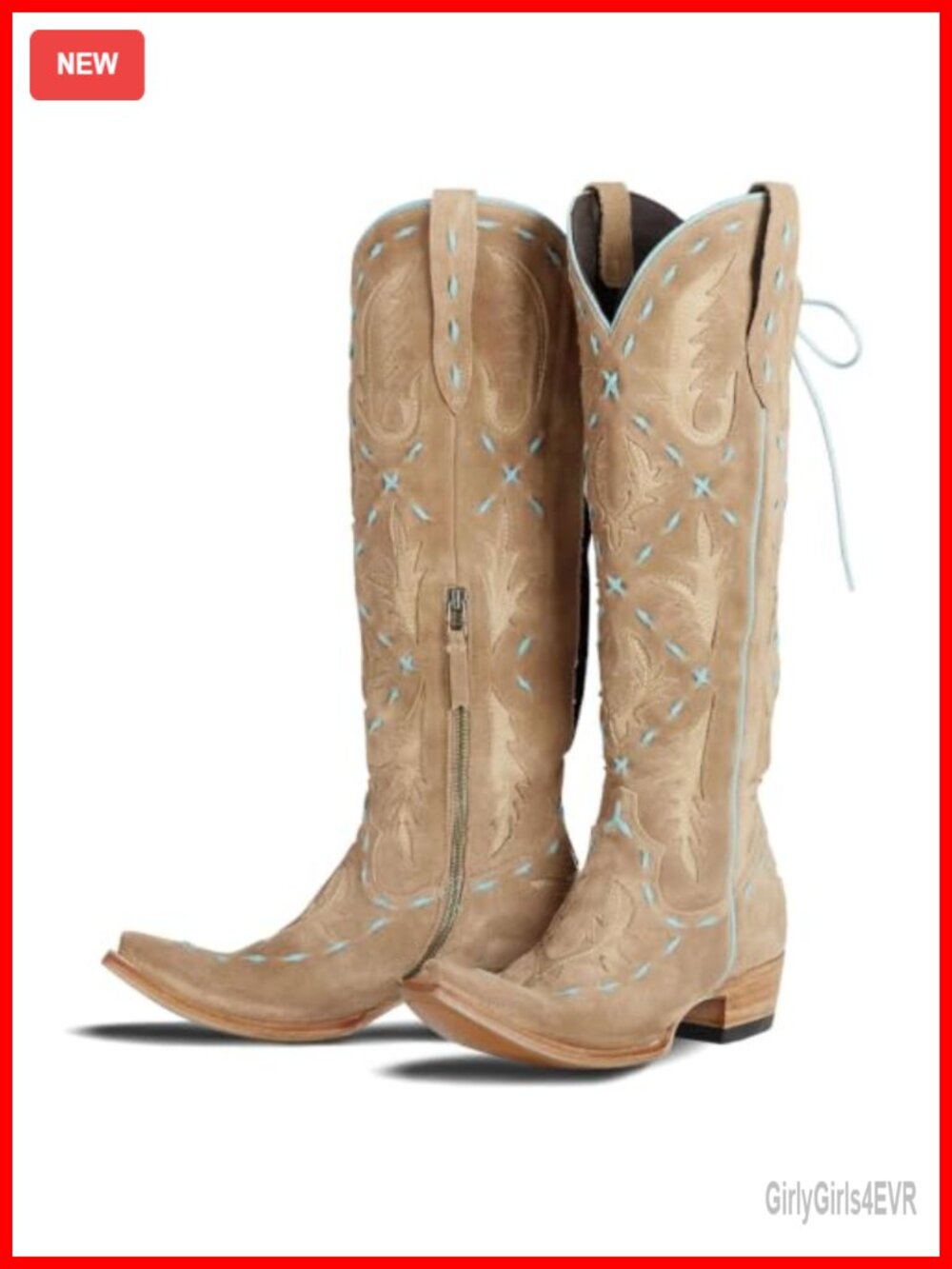 Women Knee-High Cowgirl Boots Pointed Toe Embroidered Side Zipper Lace Up